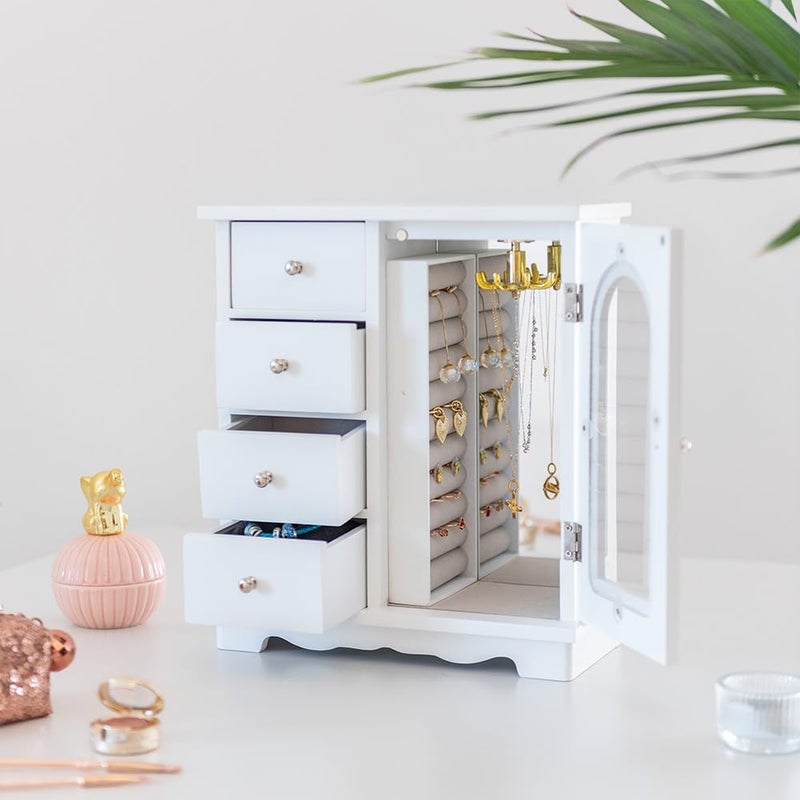 ZGZD White Jewelry Box for Girls Wooden Makeup and Accessories Organizer Ring Storage with 4 Drawers and Swing Door - Image 3